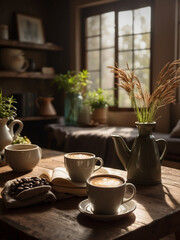 Fototapeta na wymiar A warm and peaceful haven of a coffee corner in the house.