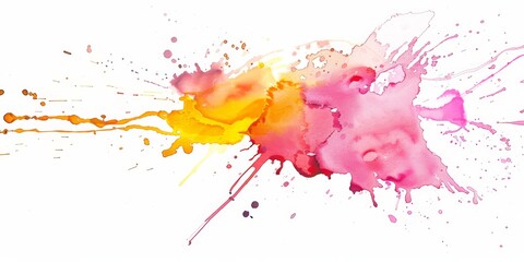 Radiant watercolor splashes in vibrant pink and sunny yellow hues dance gracefully across pristine white, infusing the canvas with a joyful and uplifting energy in art.