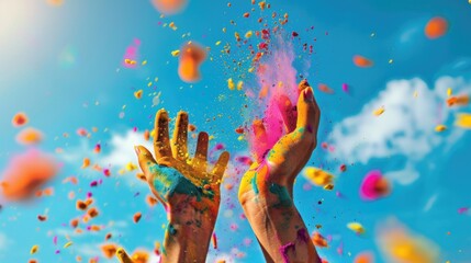Obraz na płótnie Canvas Hands with colorful holi powder splashes at blue sky background