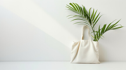 Minimalistic tote bag with a green plant on a white background