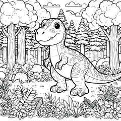 Dinosaurus Happy In The Jungle With Flower illustration Coloring book