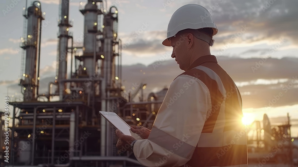 Poster engineer inspecting data at oil refinery complex with factory structures and dynamic sky