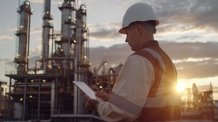 Engineer inspecting data at oil refinery complex with factory structures and dynamic sky