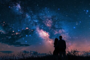 Couple under a vast star-filled evening sky - A romantic scene unfolds as a couple stands mesmerized by the magnificence of a sprawling starry sky above