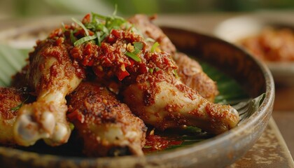 Close-up of Ayam Geprek, highlighting crunchy chicken skin and spicy sambal sauce. Perfect inspiration for home cooks! 🍗🌶️🔥
