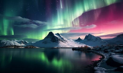 Aurora borealis in the night sky over Lofoten islands, Norway - obrazy, fototapety, plakaty
