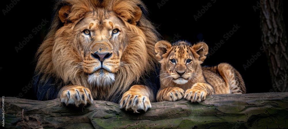 Aufkleber male lion and cub portrait with empty space for text, object balancing composition on the right side