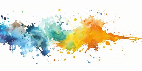 Vibrant watercolor splashes in sunny yellow and refreshing cyan tones dance dynamically across pristine white, infusing the canvas with a lively and invigorating atmosphere in art.