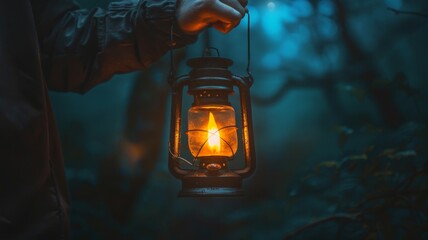 Hand holding an illuminated lantern in a dark forest - An orange glow emits from a lantern held by a hand, shrouding the forest in a mysterious, ethereal light