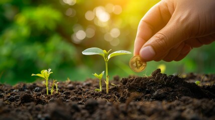 Hand planting Bitcoin in soil with sprouts - Illustration of a hand planting a Bitcoin as a metaphor for investment growth, with emerging sprout in fertile soil - obrazy, fototapety, plakaty