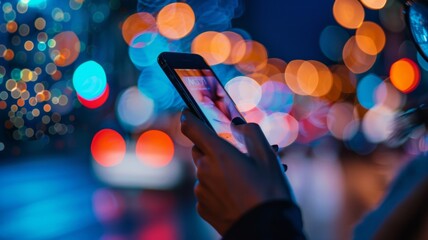 Fototapeta na wymiar Night city life through smartphone screen - Close-up view of a person's hand holding a smartphone capturing the vibrant bokeh lights of a busy urban nightscape