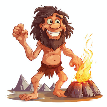 Cartoon caveman discovering fire. Vector clip art i