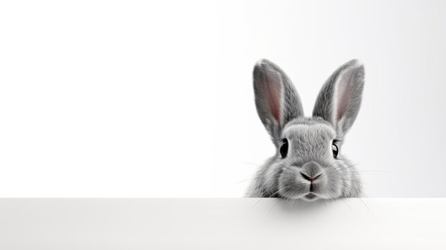 Surprised Funny Cute Bunny with Big Eyes looking out of white banner on Light Background, Cute Animal Portrait