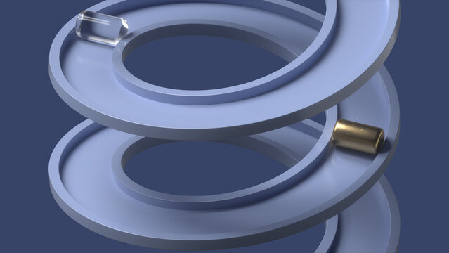 3D Golden and glass tubes rolling down the blue spiral.