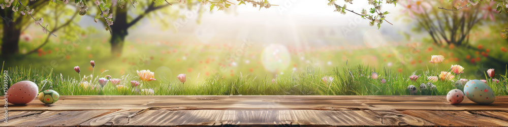 Aufkleber a wooden product display top with an easter background of painted eggs and green grass and meadows.