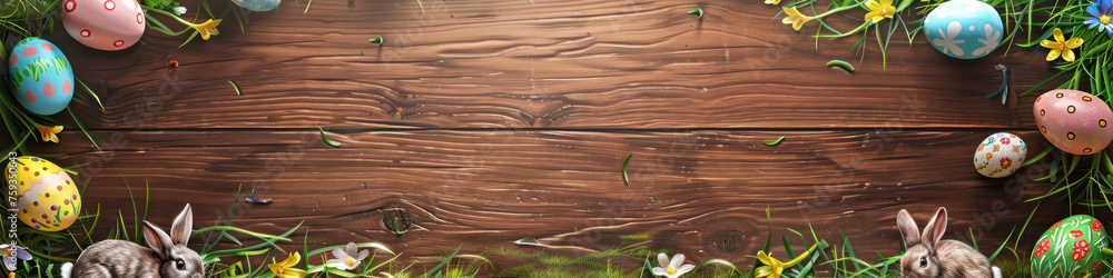 Aufkleber a wooden product display top with an easter background of painted eggs, rabbit and green grass and m