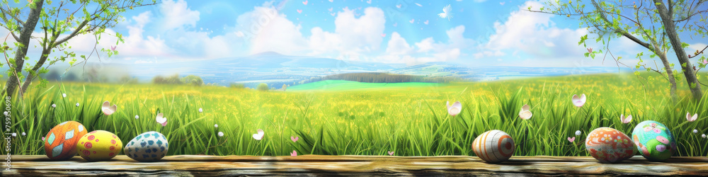 Aufkleber a wooden product display top with an easter background of painted eggs and green grass and meadows.