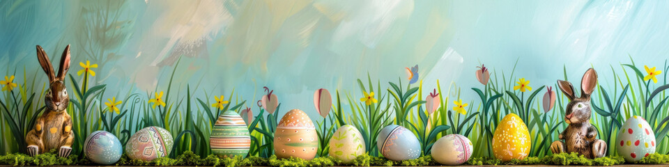 A wooden product display top with an Easter background of painted eggs, rabbit and green grass and meadows.