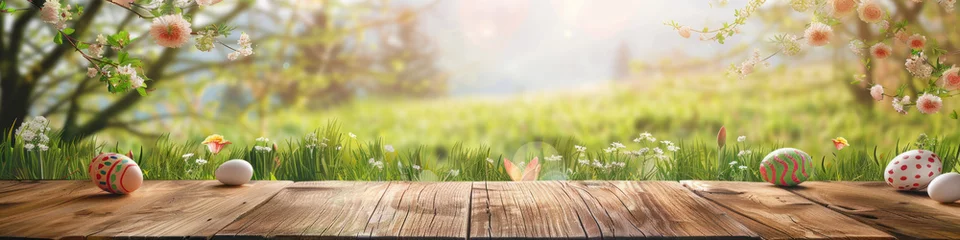 Papier Peint photo Lavable Herbe A wooden product display top with an Easter background of painted eggs and green grass and meadows.