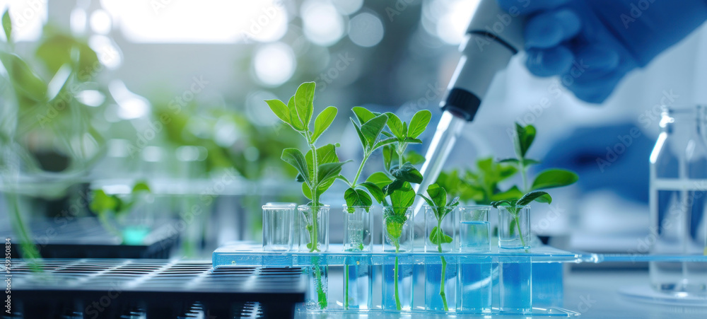 Poster plants in lab tube. science laboratory experiments analysis and genetic engineering study.