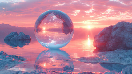3D abstract silk cloth floating in pastel sunset landscape and spherical glass. Futuristic...