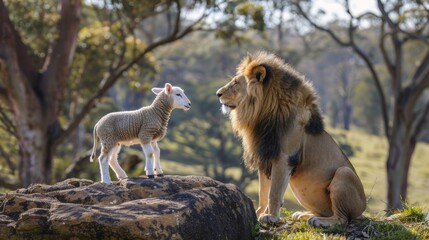 Rare and beautiful scene  lion and lamb coexist in perfect harmony and peaceful unity