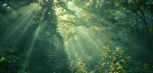 Green nature forest view with sunbeam in the morning.