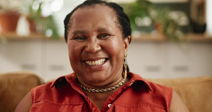 Face, smile and black woman in home living room to relax on couch in apartment alone in Kenya. Portrait, lounge and happy African female person, laughing and funny mature lady thinking in house