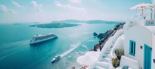 Santorini fira and oia towns daytime panoramic view of white houses on cliffs in greece - obrazy, fototapety, plakaty