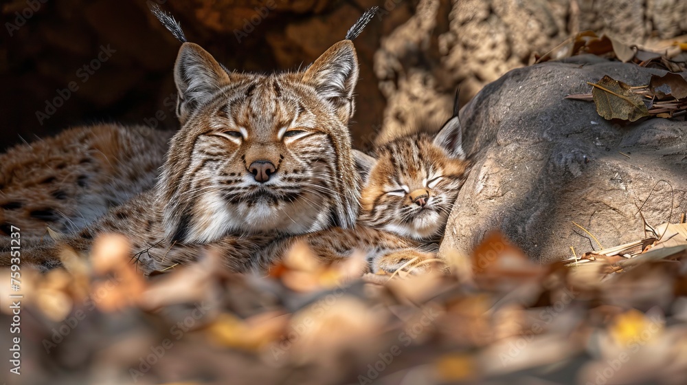 Aufkleber male bobcat and kitten portrait with empty space for text, object on the right side