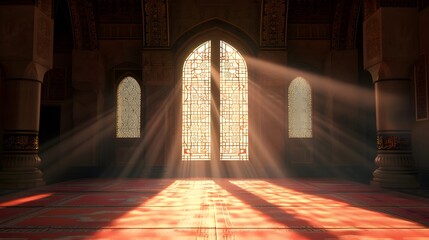 Warm Sunlight trough the islamic mosque windows ornament. view from the inside. banner, wallpaper, background, Ramadan concept, Eid mubarak. 
