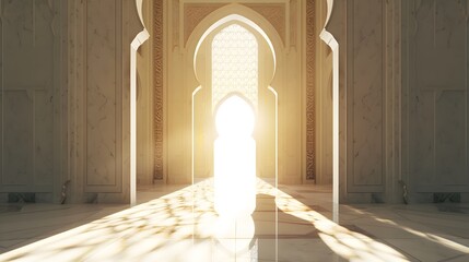 Warm Sunlight trough the islamic mosque windows ornament. view from the inside. banner, wallpaper, background, Ramadan concept, Eid mubarak. 