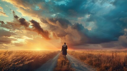 A person stands in the middle of a dirt path leading through a golden wheat field, facing away from the camera towards a vivid sunrise or sunset. The sun casts a warm glow over the scene, illuminating - obrazy, fototapety, plakaty