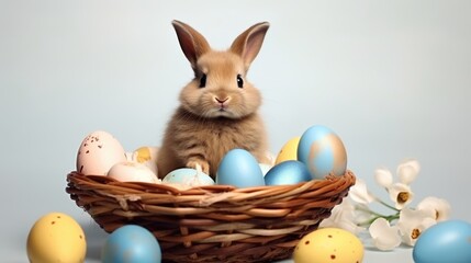 Cute fluffy rabbit in a basket full of colorful Easter eggs on a blue background