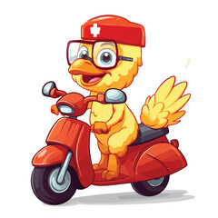 Cartoon chicken on a delivery scooter. Vector clip
