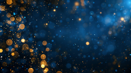 Holiday and Christmas Background with Dark Blue and Gold Particles and Shiny Bokeh on Navy Blue Background - obrazy, fototapety, plakaty