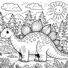 Fototapeta premium coloring draw dinosaur stegosaurus happy in the jungle illustration background black and white version good for kids