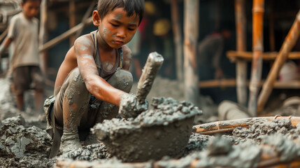 Child in labor day . Child in construction area mixing concrete. Child building structure. Labor day.