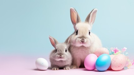 Naklejka na ściany i meble Two cute rabbits with colorful Easter eggs on blue background