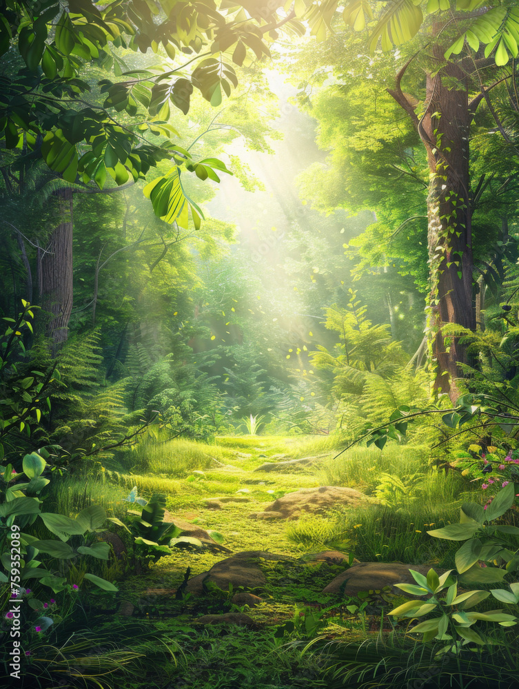 Poster sunlit forest path with lush vegetation - a captivating sunbeam filters through the dense canopy, il