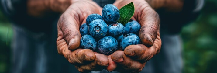 Fresh plump blueberries held in hand on blurred background, ideal for text placement - obrazy, fototapety, plakaty