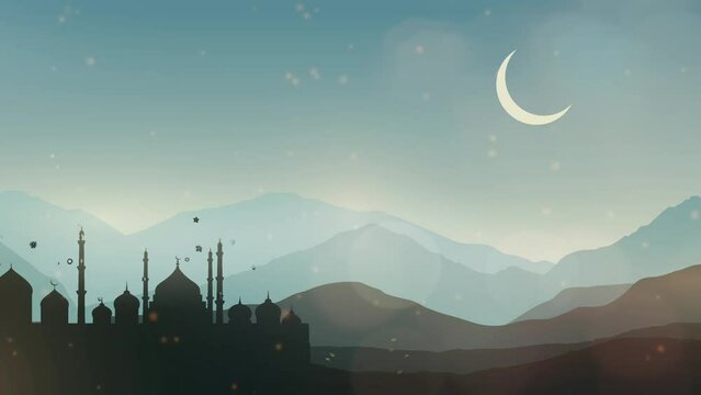 Islamic Background Animation with mosque, birds fly and particles fall, Looping animation Suitable for  for invitation, Ramadan, Eid, Mawlid, Meraj, 