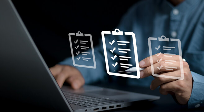 Businessman managing business documents in company on virtual screen. Documents with a list of checkboxes. E-document management, Paperless office concept..