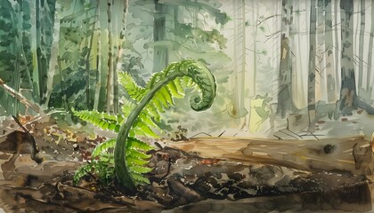 A fern unrolling a young frond. Polypodiopsida. Hand drawn watercolor painting - obrazy, fototapety, plakaty