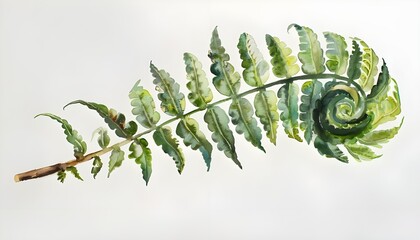 A fern unrolling a young frond. Polypodiopsida. Hand drawn watercolor painting - obrazy, fototapety, plakaty