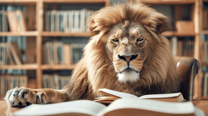 Leão lendo livros na biblioteca  - obrazy, fototapety, plakaty