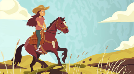 Garota montada em um cavalo - Ilustração infantil - obrazy, fototapety, plakaty