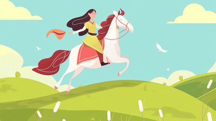 Garota montada em um cavalo - Ilustração infantil - obrazy, fototapety, plakaty