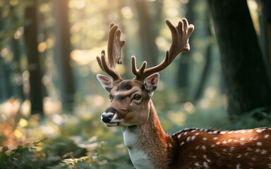 Beautiful Fallow Deer in Forest - obrazy, fototapety, plakaty