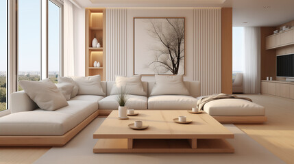 Minimalist Living Room with Large Sofa, Wooden Coffee Table, and Elegant Decor, Serene Home Interior